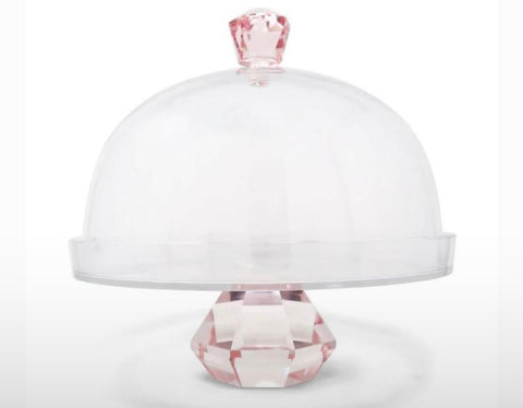 Glass Cake Stand with Dome-  Pink Crystal Base & Handle