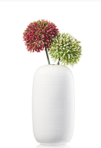 Ribbed White Floral Vase -Green & Burgundy Faux Flowers