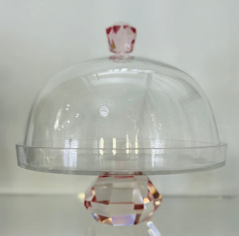 Glass Cake Stand with Dome-  Pink Crystal Base & Handle
