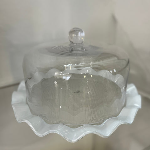 White Scalloped Tray with Glass Dome