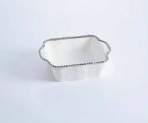 White and Silver Square Baking Dish