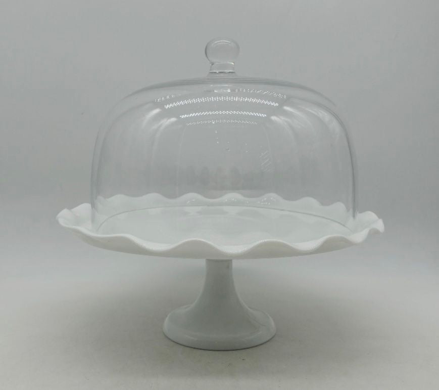 White Scalloped Cake Stand with Glass Dome Blancnoire Fine Gifts