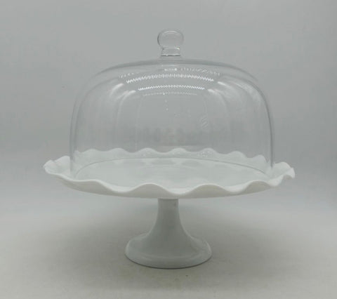 White Scalloped Cake Stand with Glass Dome
