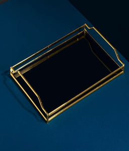 Large Black Mirrored Tray with Gold Handle